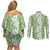 Hawaiian Lei Day Couples Matching Off Shoulder Short Dress and Long Sleeve Button Shirt Green Hibiscus Flowers Lei Art