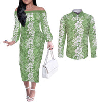 Hawaiian Lei Day Couples Matching Off The Shoulder Long Sleeve Dress and Long Sleeve Button Shirt Green Hibiscus Flowers Lei Art