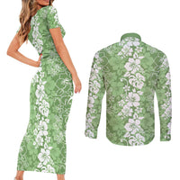 Hawaiian Lei Day Couples Matching Short Sleeve Bodycon Dress and Long Sleeve Button Shirt Green Hibiscus Flowers Lei Art
