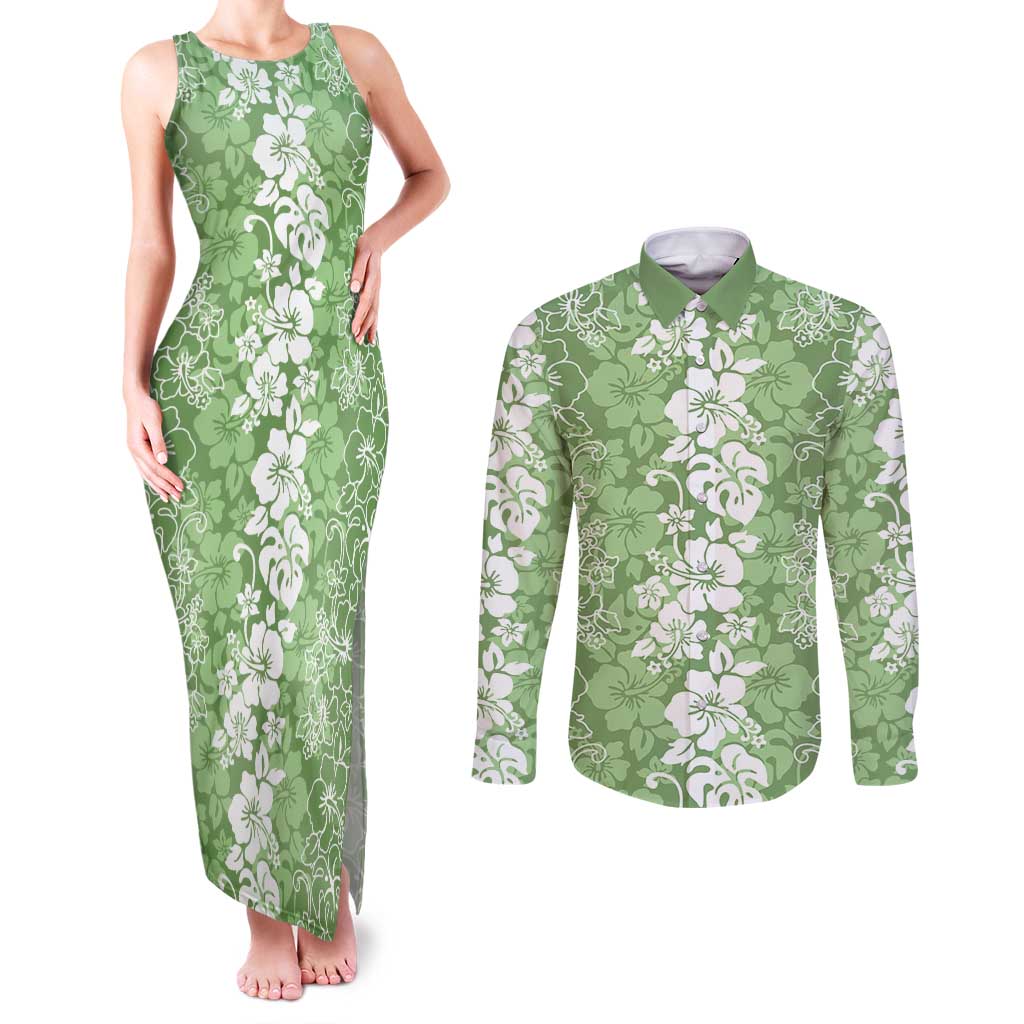 Hawaiian Lei Day Couples Matching Tank Maxi Dress and Long Sleeve Button Shirt Green Hibiscus Flowers Lei Art
