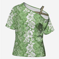 Hawaiian Lei Day Cross Shoulder Shirt Green Hibiscus Flowers Lei Art - Polynesian Pride