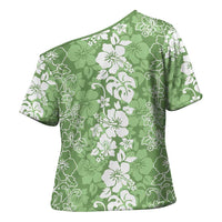 Hawaiian Lei Day Cross Shoulder Shirt Green Hibiscus Flowers Lei Art - Polynesian Pride