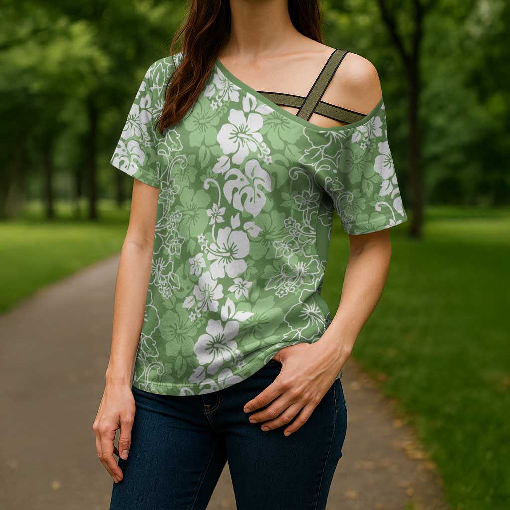 Hawaiian Lei Day Cross Shoulder Shirt Green Hibiscus Flowers Lei Art - Polynesian Pride