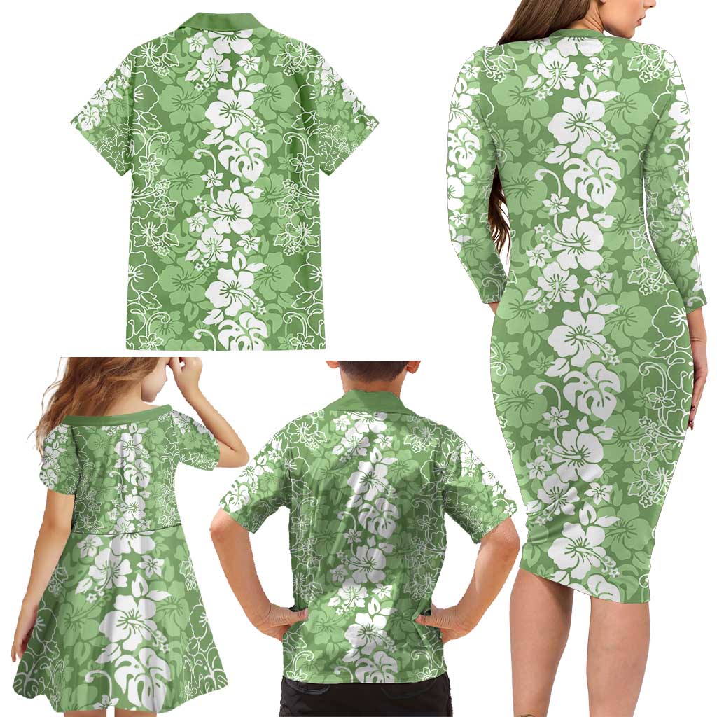 Hawaiian Lei Day Family Matching Long Sleeve Bodycon Dress and Hawaiian Shirt Green Hibiscus Flowers Lei Art