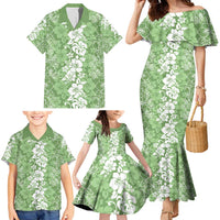Hawaiian Lei Day Family Matching Mermaid Dress and Hawaiian Shirt Green Hibiscus Flowers Lei Art