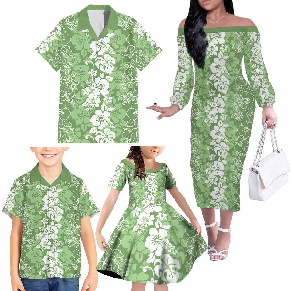Hawaiian Lei Day Family Matching Off The Shoulder Long Sleeve Dress and Hawaiian Shirt Green Hibiscus Flowers Lei Art