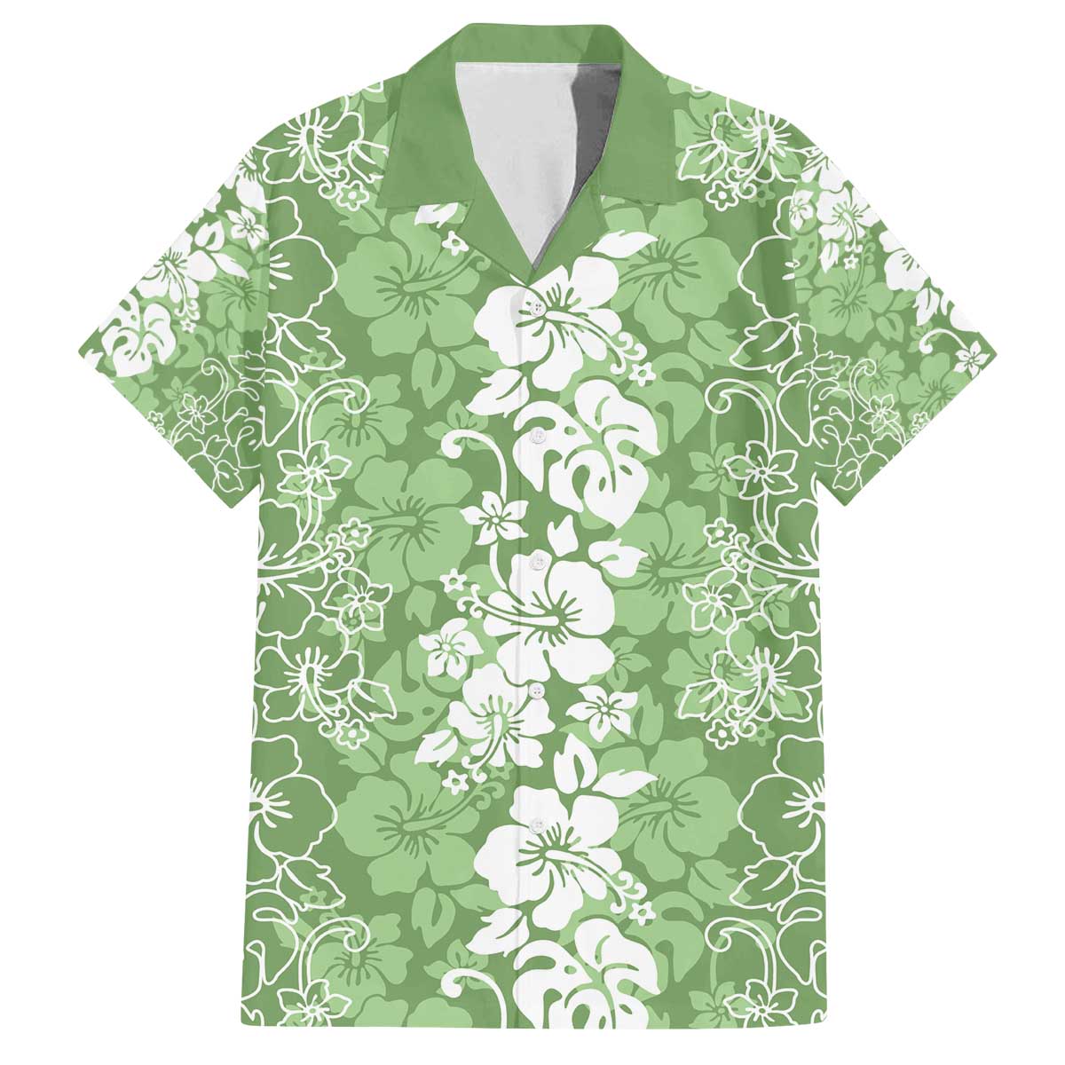Hawaiian Lei Day Family Matching Off The Shoulder Long Sleeve Dress and Hawaiian Shirt Green Hibiscus Flowers Lei Art