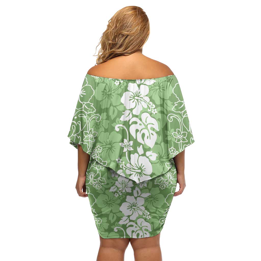 Hawaiian Lei Day Family Matching Off Shoulder Short Dress and Hawaiian Shirt Green Hibiscus Flowers Lei Art