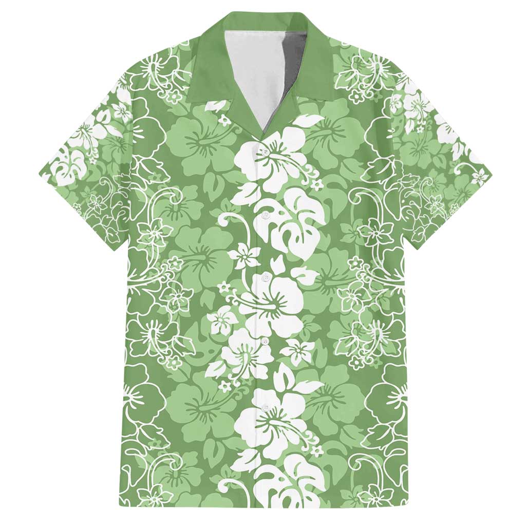 Hawaiian Lei Day Family Matching Puletasi and Hawaiian Shirt Green Hibiscus Flowers Lei Art
