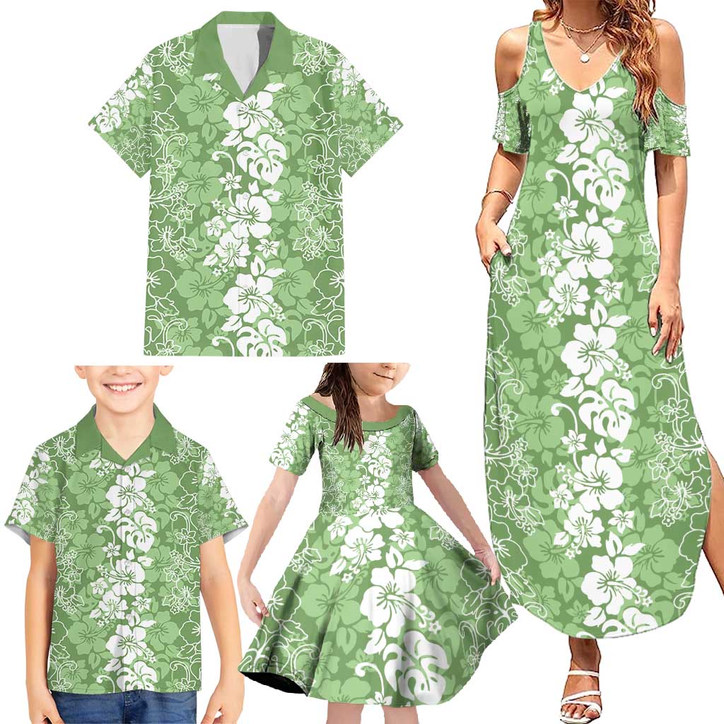 Hawaiian Lei Day Family Matching Summer Maxi Dress and Hawaiian Shirt Green Hibiscus Flowers Lei Art