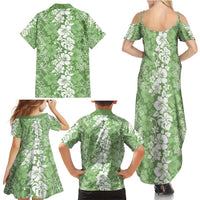 Hawaiian Lei Day Family Matching Summer Maxi Dress and Hawaiian Shirt Green Hibiscus Flowers Lei Art