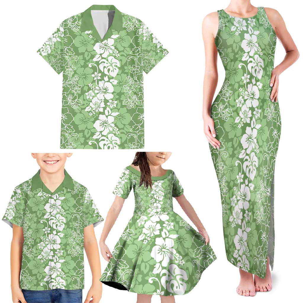 Hawaiian Lei Day Family Matching Tank Maxi Dress and Hawaiian Shirt Green Hibiscus Flowers Lei Art
