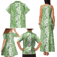 Hawaiian Lei Day Family Matching Tank Maxi Dress and Hawaiian Shirt Green Hibiscus Flowers Lei Art