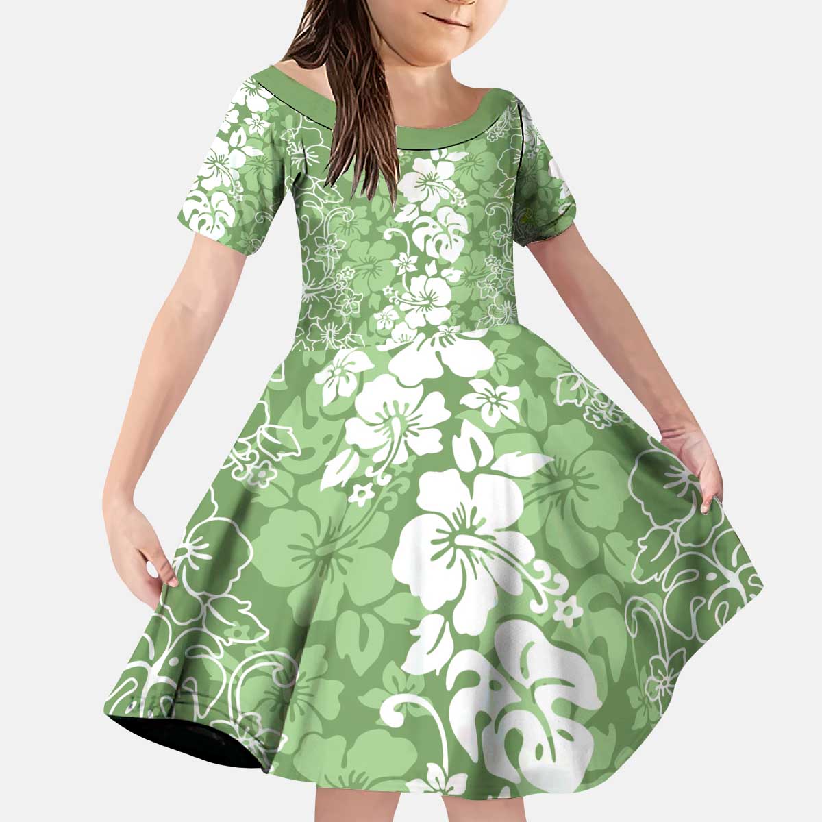 Hawaiian Lei Day Kid Short Sleeve Dress Green Hibiscus Flowers Lei Art