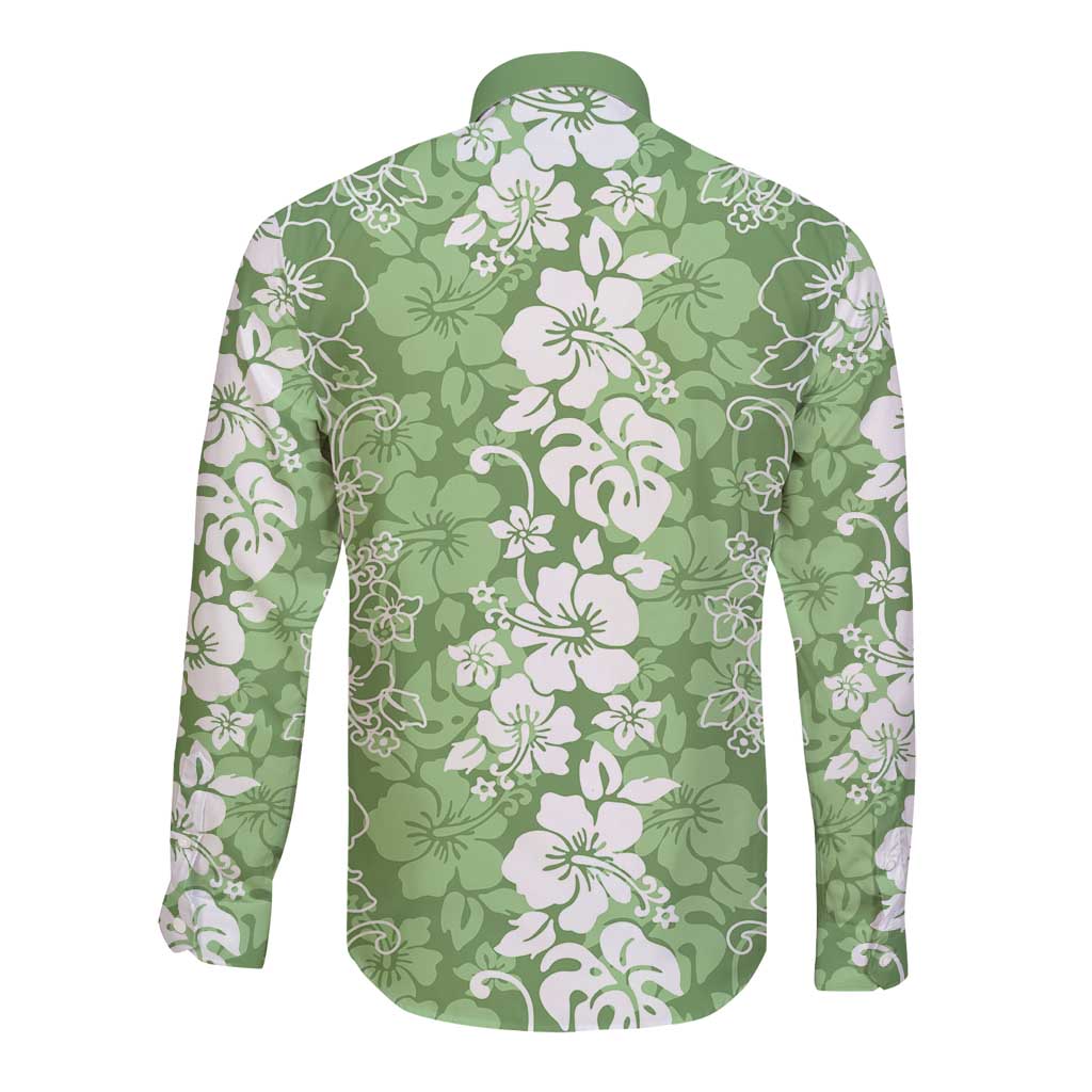 Hawaiian Lei Day Long Sleeve Button Shirt Green Hibiscus Flowers Lei Art