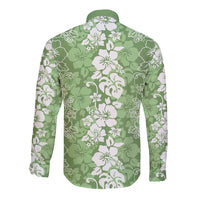 Hawaiian Lei Day Long Sleeve Button Shirt Green Hibiscus Flowers Lei Art