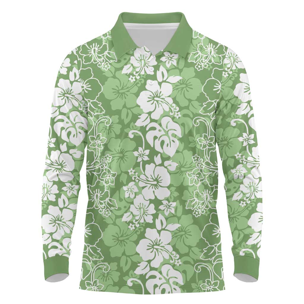 Hawaiian Lei Day Long Sleeve Polo Shirt Green Hibiscus Flowers Lei Art