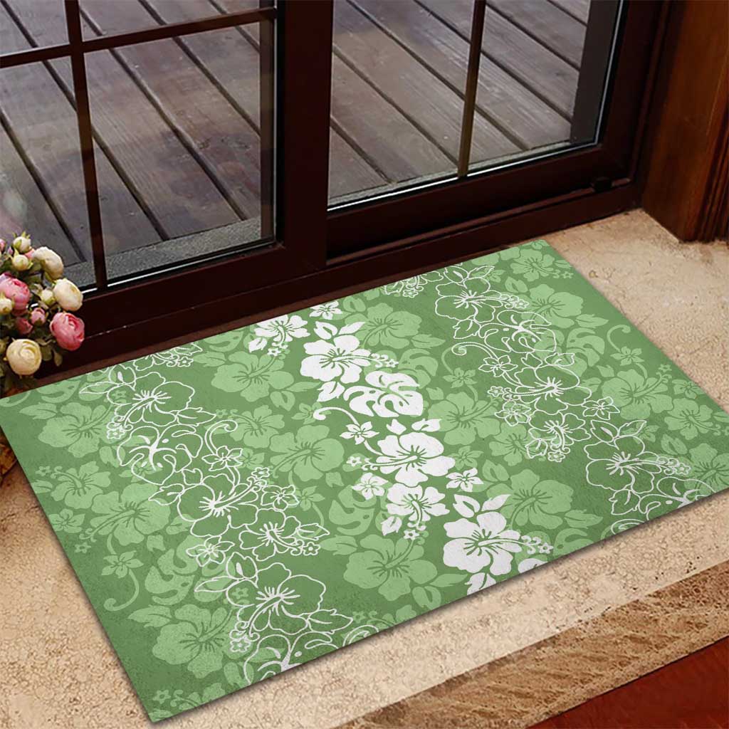 Hawaiian Lei Day Rubber Doormat Green Hibiscus Flowers Lei Art