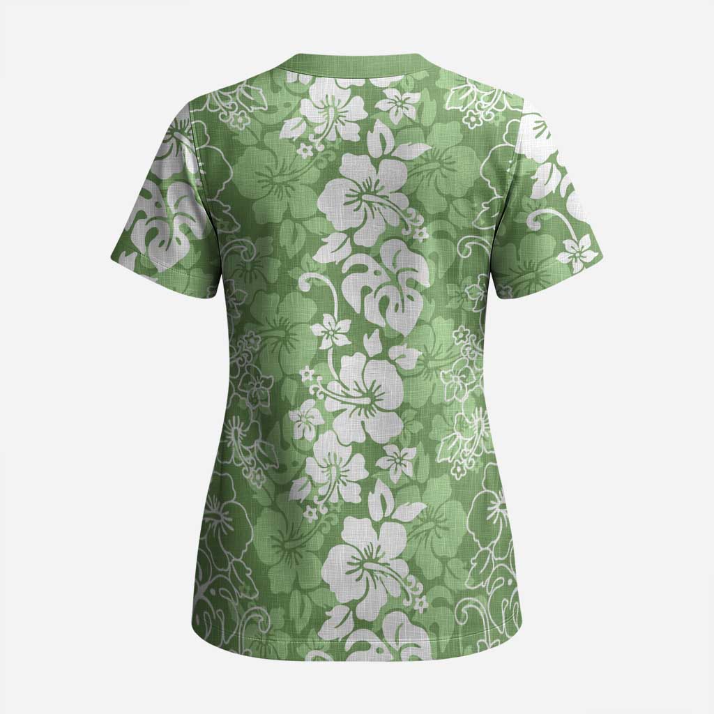 Hawaiian Lei Day Scrub Top Green Hibiscus Flowers Lei Art - Polynesian Pride