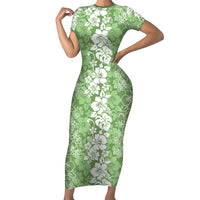 Hawaiian Lei Day Short Sleeve Bodycon Dress Green Hibiscus Flowers Lei Art