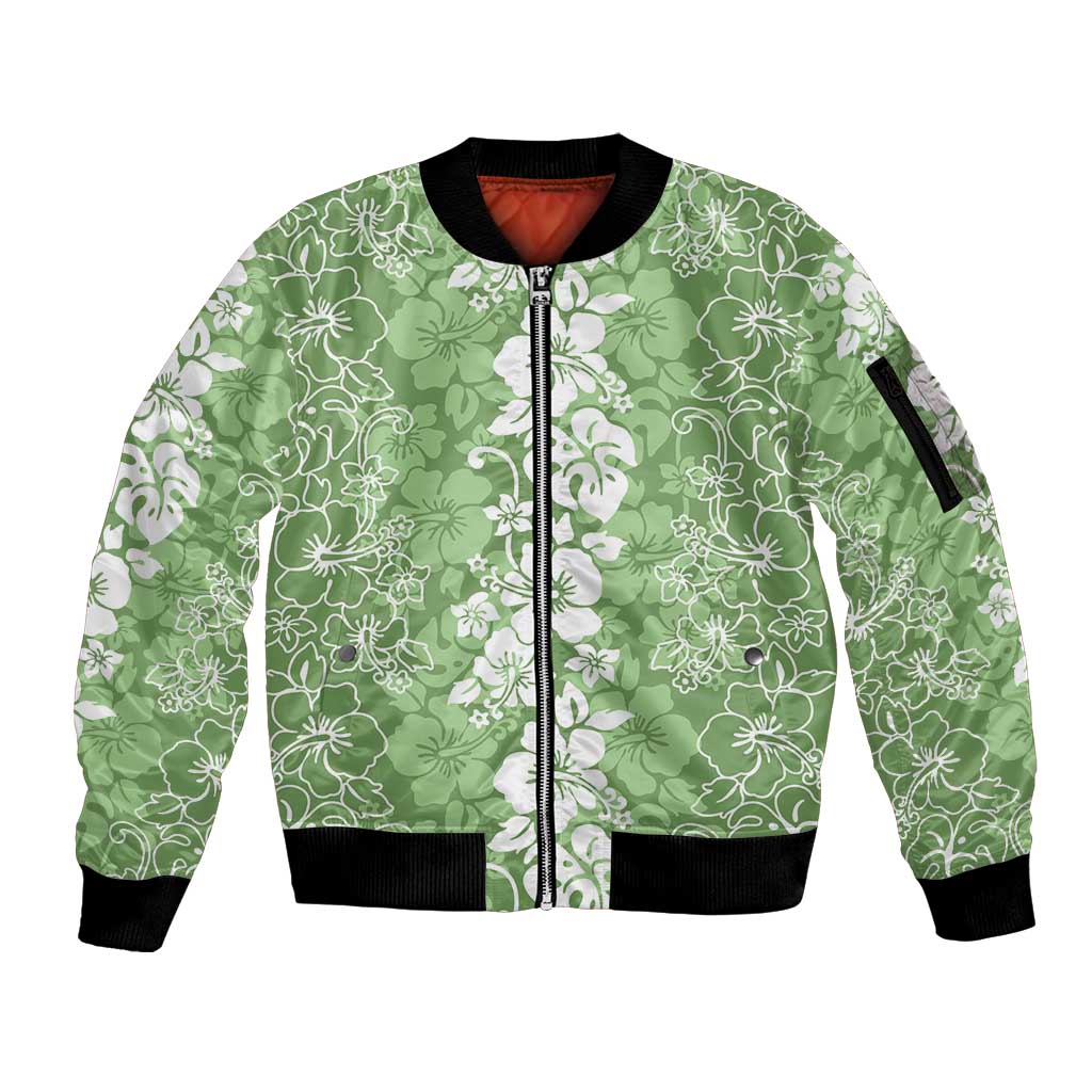 Hawaiian Lei Day Sleeve Zip Bomber Jacket Green Hibiscus Flowers Lei Art