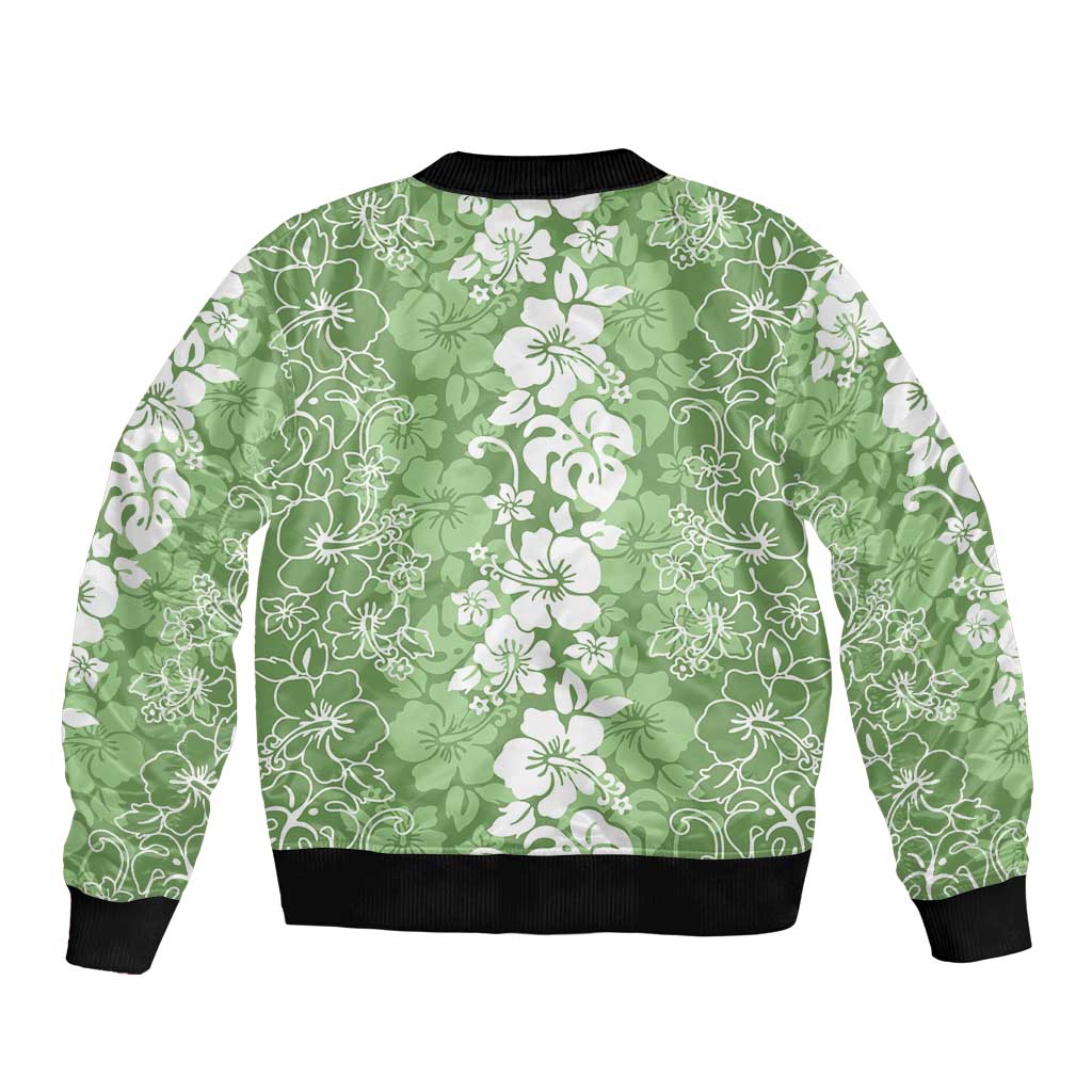 Hawaiian Lei Day Sleeve Zip Bomber Jacket Green Hibiscus Flowers Lei Art