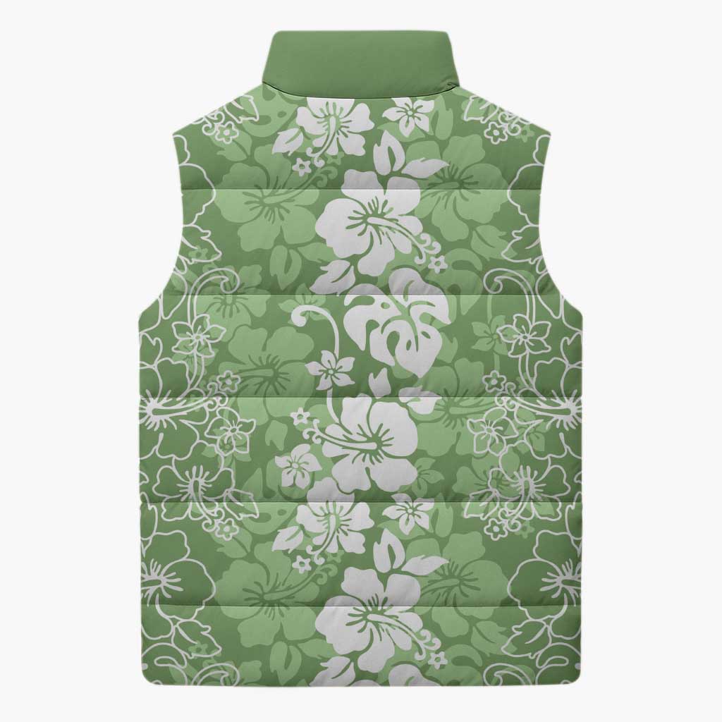 Hawaiian Lei Day Sleeveless Puffer Jacket Green Hibiscus Flowers Lei Art - Polynesian Pride
