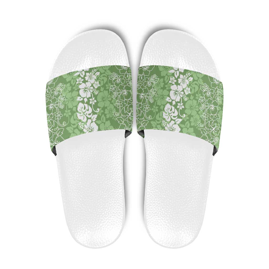 Hawaiian Lei Day Slide Sandals Green Hibiscus Flowers Lei Art - Polynesian Pride