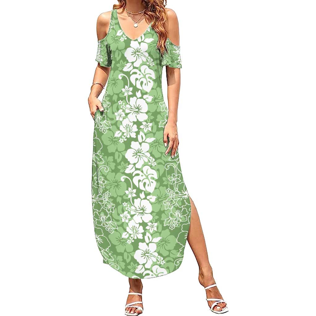 Hawaiian Lei Day Summer Maxi Dress Green Hibiscus Flowers Lei Art