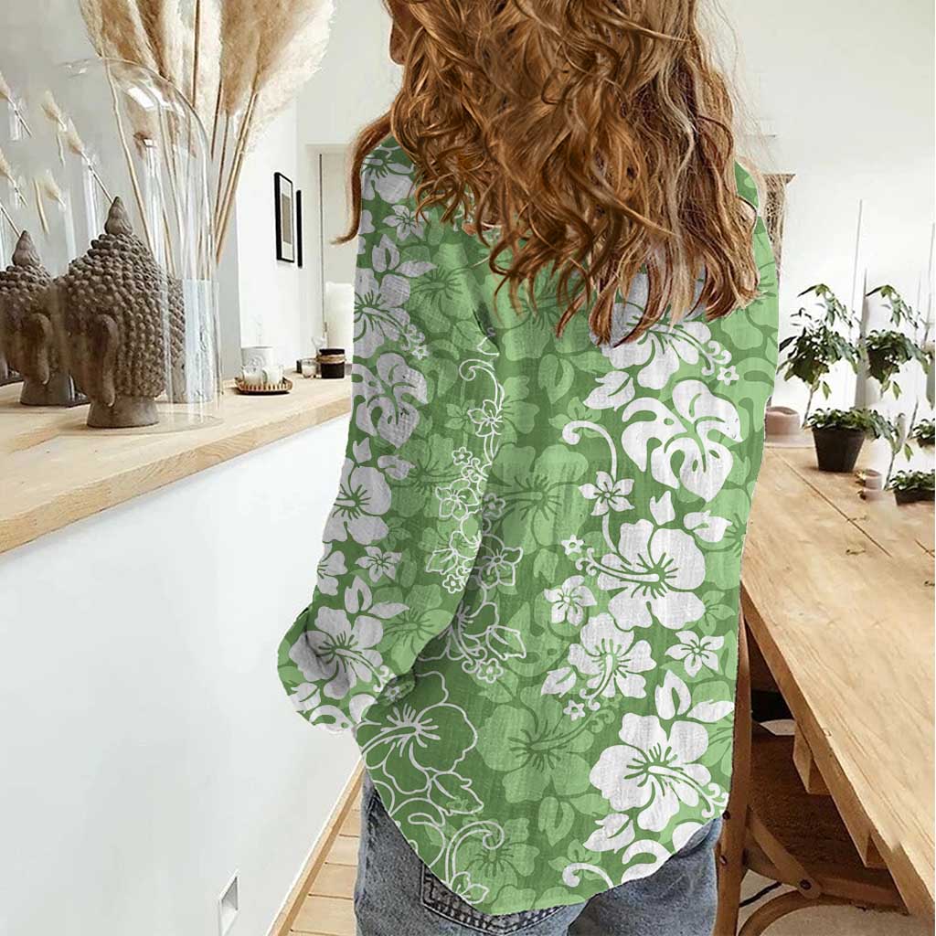 Hawaiian Lei Day Women Casual Shirt Green Hibiscus Flowers Lei Art