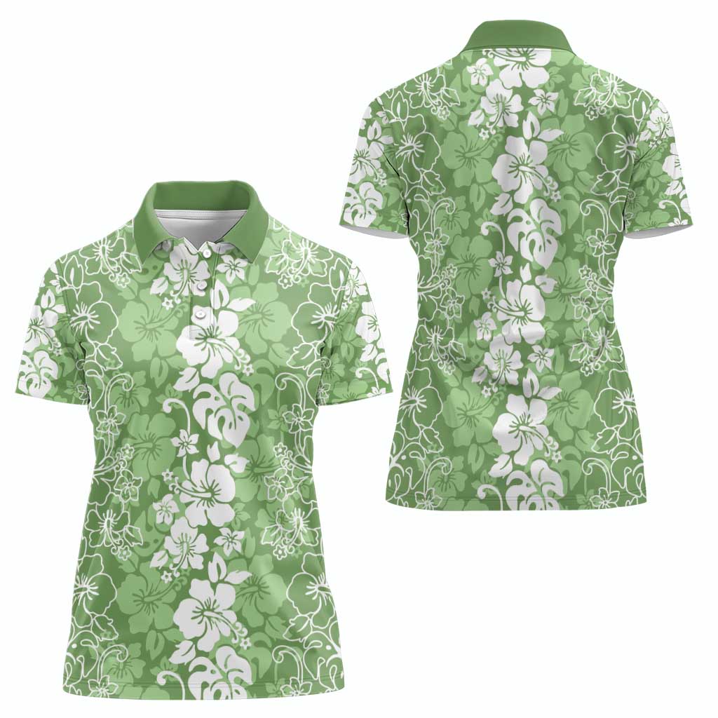 Hawaiian Lei Day Women Polo Shirt Green Hibiscus Flowers Lei Art