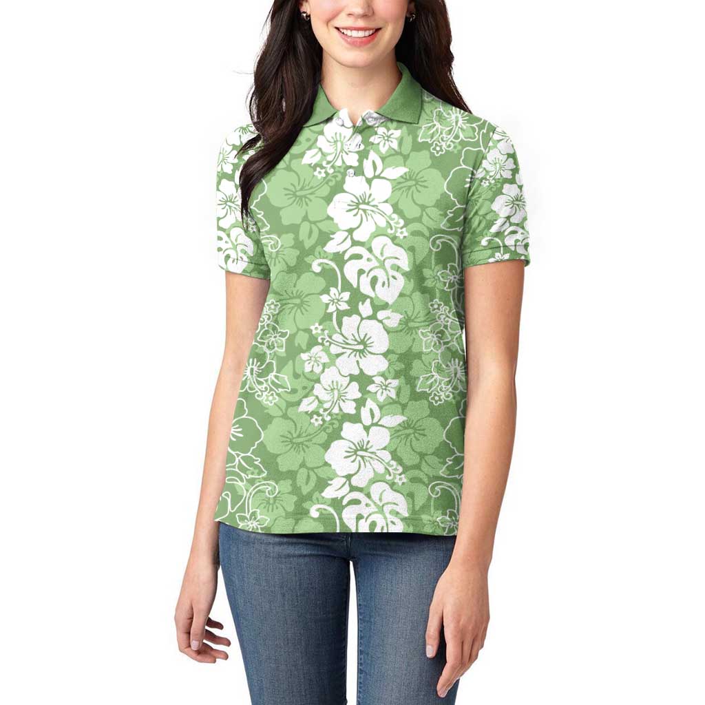 Hawaiian Lei Day Women Polo Shirt Green Hibiscus Flowers Lei Art