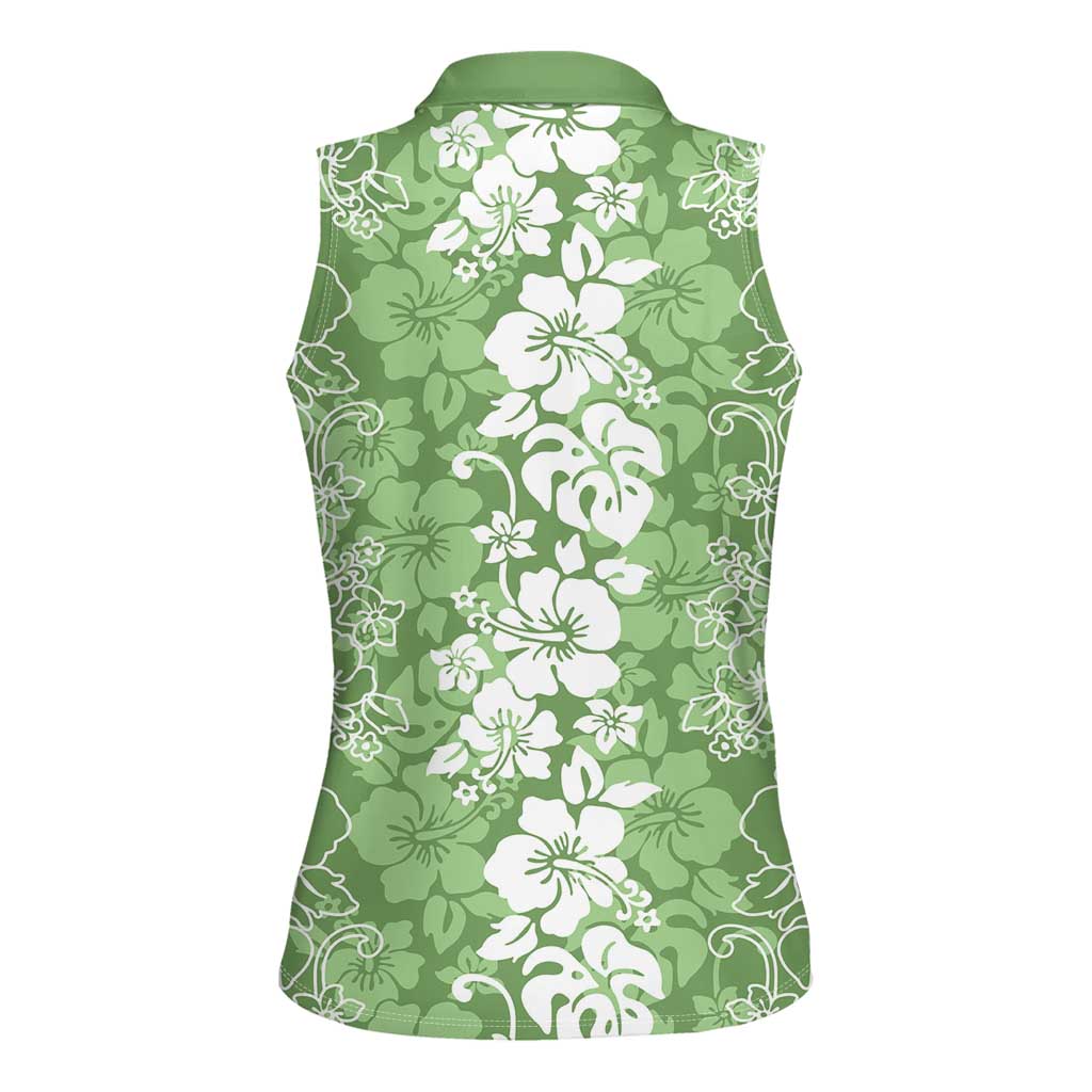 Hawaiian Lei Day Women Sleeveless Polo Shirt Green Hibiscus Flowers Lei Art