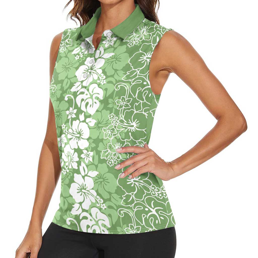 Hawaiian Lei Day Women Sleeveless Polo Shirt Green Hibiscus Flowers Lei Art