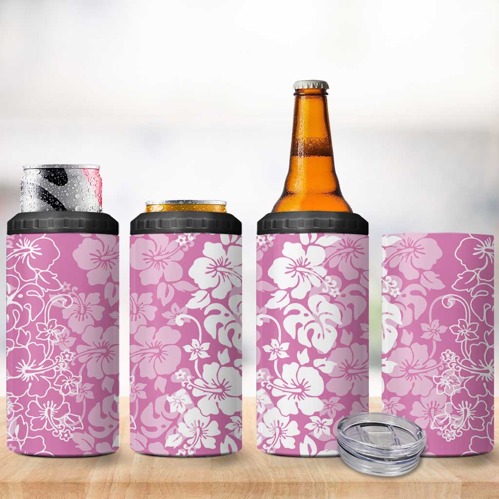 Hawaiian Lei Day 4 in 1 Can Cooler Tumbler Pink Hibiscus Flowers Lei Art