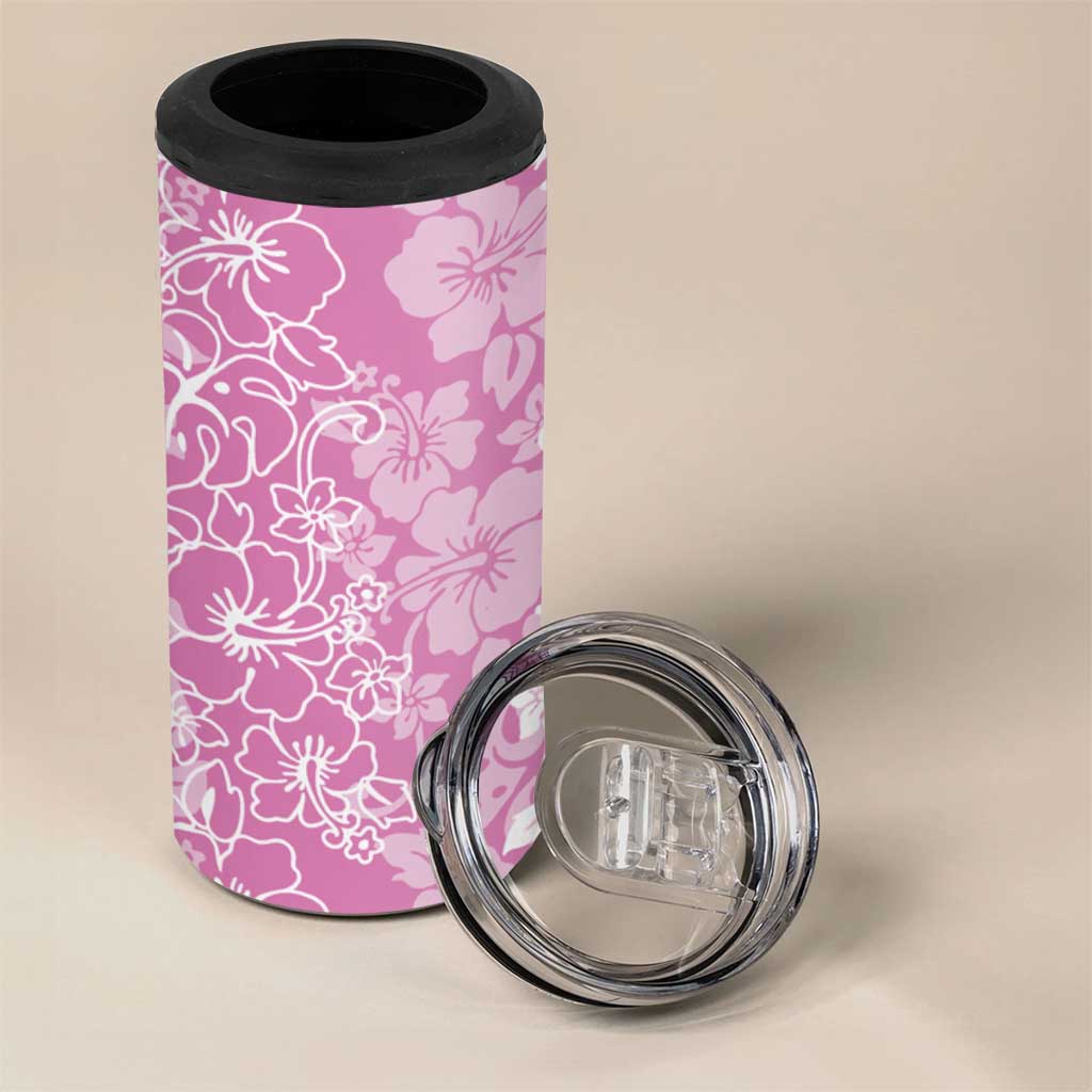 Hawaiian Lei Day 4 in 1 Can Cooler Tumbler Pink Hibiscus Flowers Lei Art