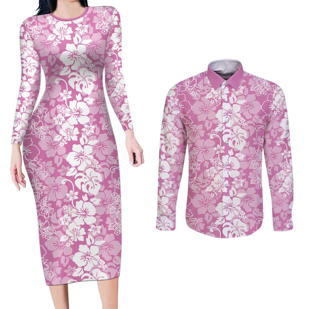 Hawaiian Lei Day Couples Matching Long Sleeve Bodycon Dress and Long Sleeve Button Shirt Pink Hibiscus Flowers Lei Art
