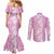 Hawaiian Lei Day Couples Matching Mermaid Dress and Long Sleeve Button Shirt Pink Hibiscus Flowers Lei Art