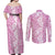 Hawaiian Lei Day Couples Matching Off Shoulder Maxi Dress and Long Sleeve Button Shirt Pink Hibiscus Flowers Lei Art