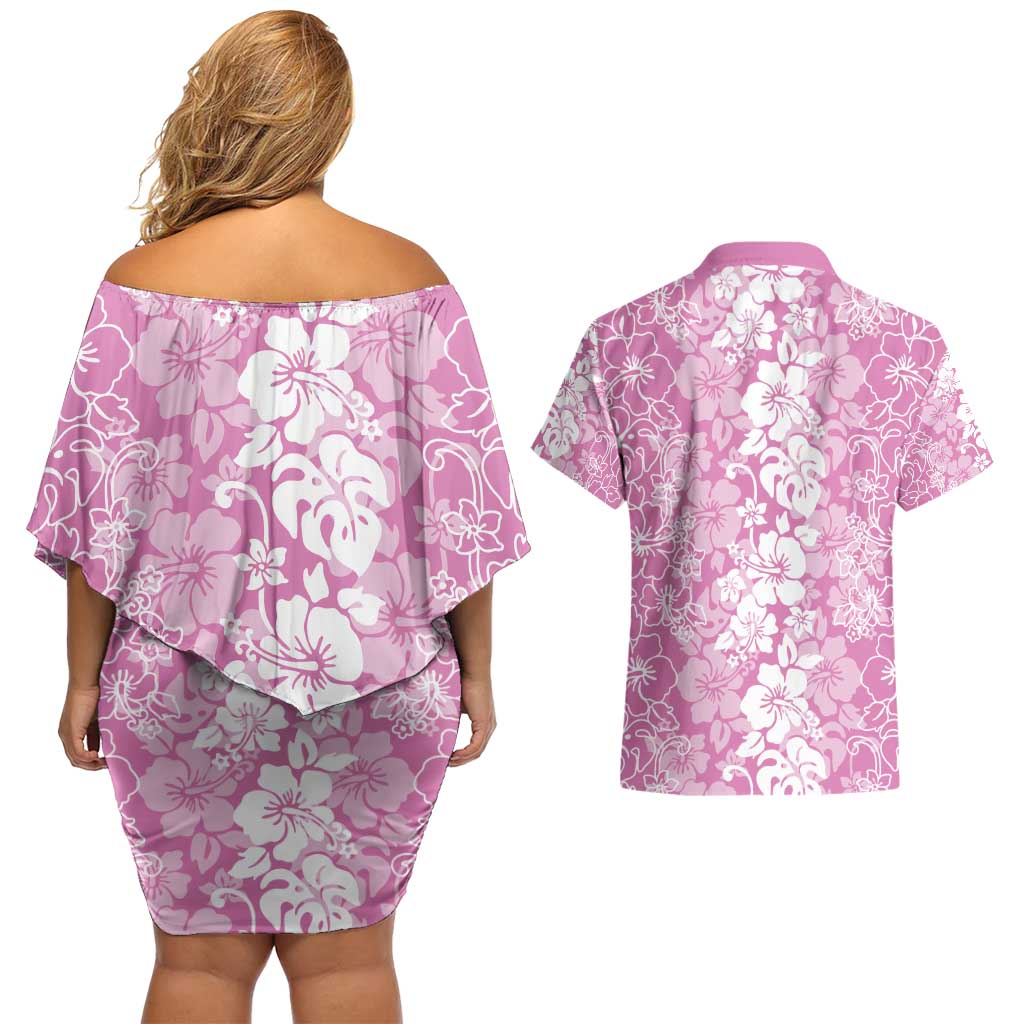Hawaiian Lei Day Couples Matching Off Shoulder Short Dress and Hawaiian Shirt Pink Hibiscus Flowers Lei Art