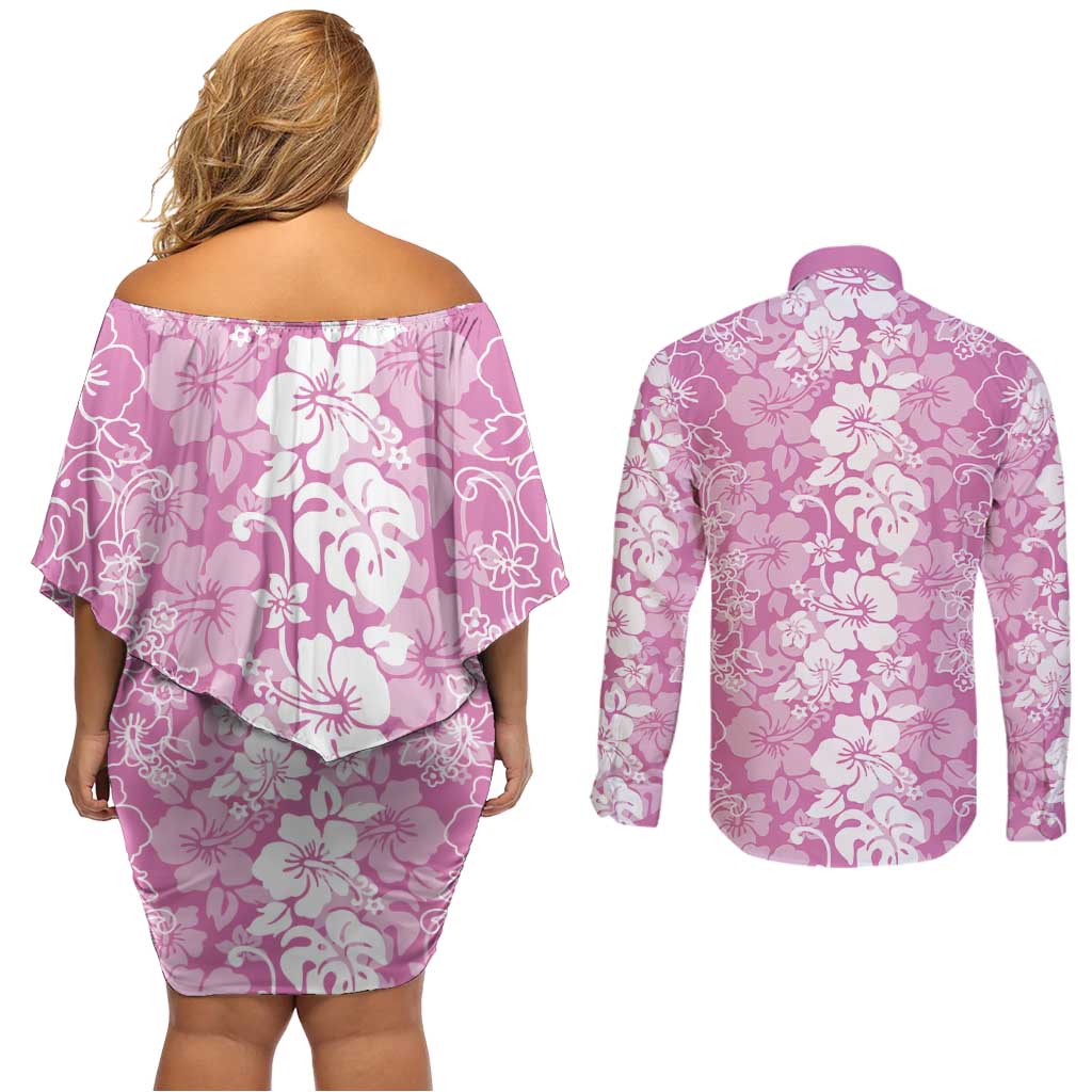 Hawaiian Lei Day Couples Matching Off Shoulder Short Dress and Long Sleeve Button Shirt Pink Hibiscus Flowers Lei Art