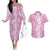 Hawaiian Lei Day Couples Matching Off The Shoulder Long Sleeve Dress and Hawaiian Shirt Pink Hibiscus Flowers Lei Art