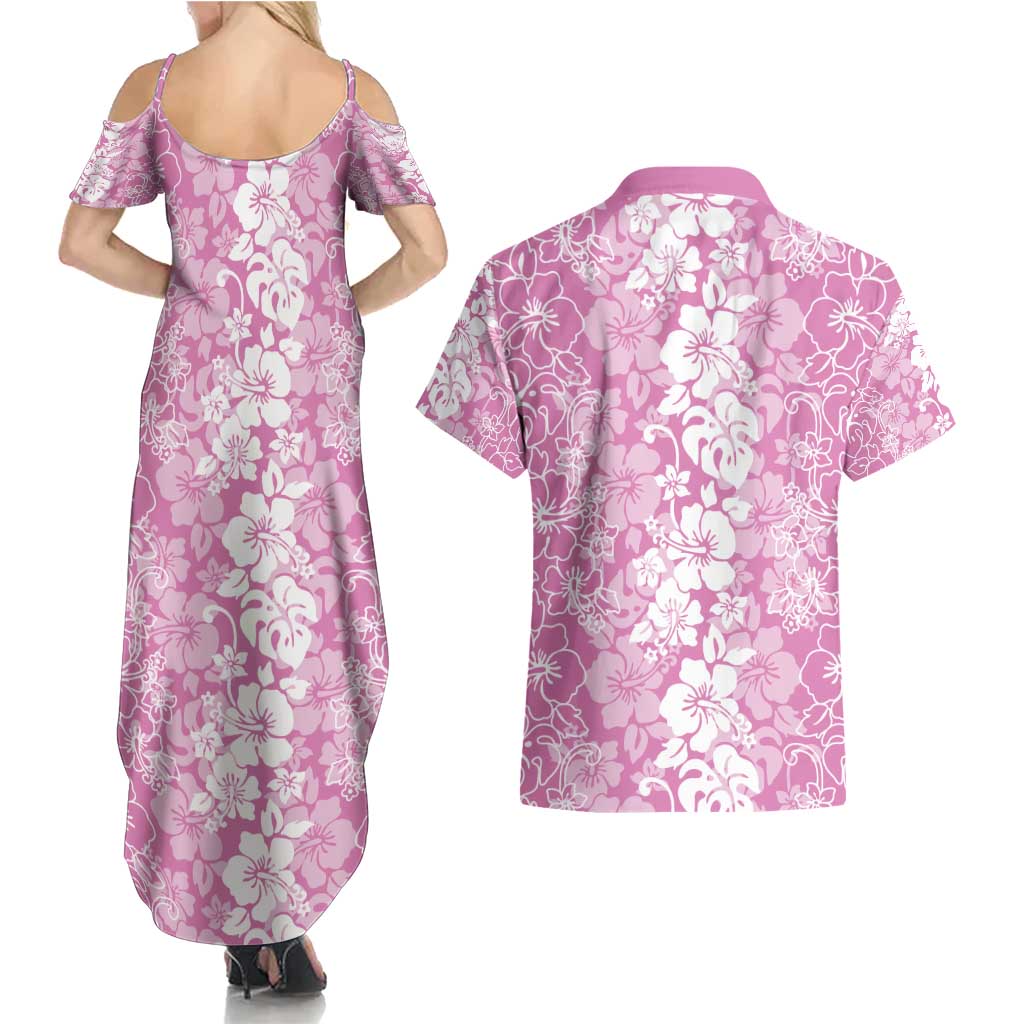 Hawaiian Lei Day Couples Matching Summer Maxi Dress and Hawaiian Shirt Pink Hibiscus Flowers Lei Art