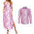 Hawaiian Lei Day Couples Matching Summer Maxi Dress and Long Sleeve Button Shirt Pink Hibiscus Flowers Lei Art