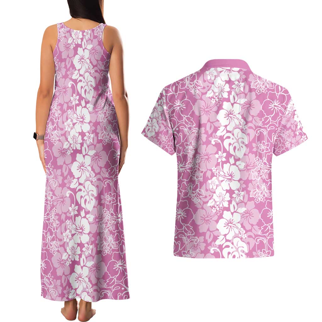 Hawaiian Lei Day Couples Matching Tank Maxi Dress and Hawaiian Shirt Pink Hibiscus Flowers Lei Art