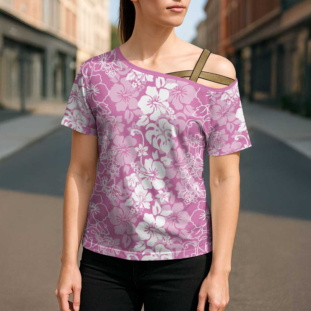 Hawaiian Lei Day Cross Shoulder Shirt Pink Hibiscus Flowers Lei Art - Polynesian Pride