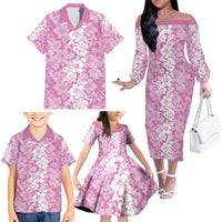 Hawaiian Lei Day Family Matching Off The Shoulder Long Sleeve Dress and Hawaiian Shirt Pink Hibiscus Flowers Lei Art