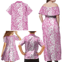 Hawaiian Lei Day Family Matching Off Shoulder Maxi Dress and Hawaiian Shirt Pink Hibiscus Flowers Lei Art
