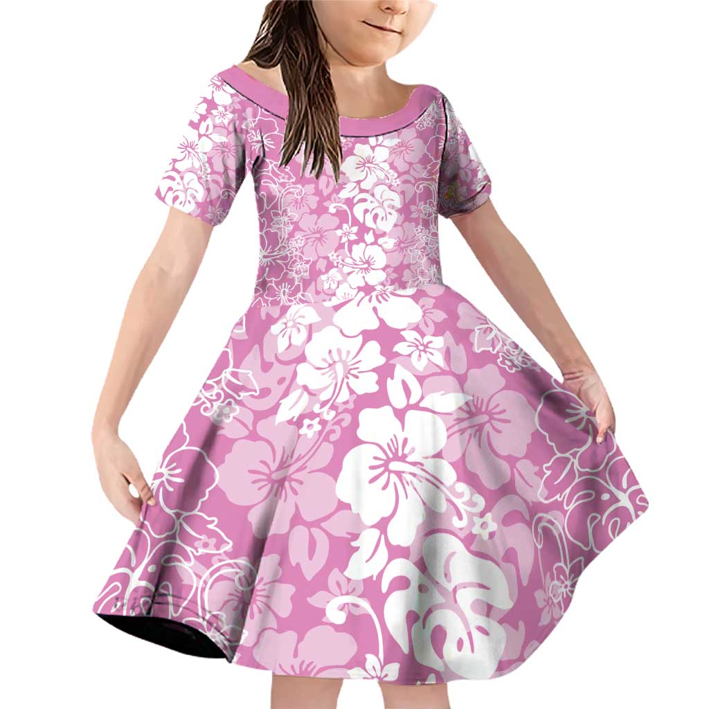 Hawaiian Lei Day Family Matching Off Shoulder Short Dress and Hawaiian Shirt Pink Hibiscus Flowers Lei Art