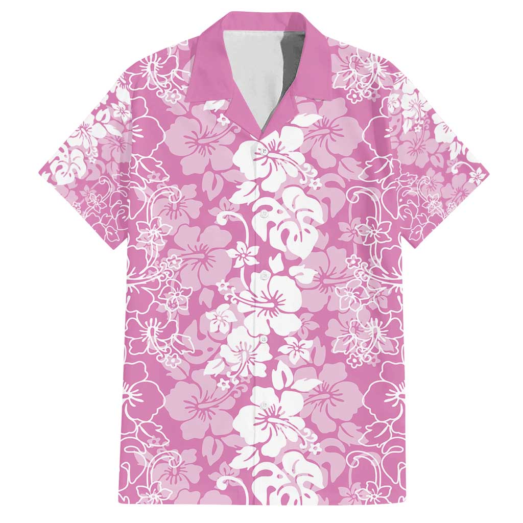 Hawaiian Lei Day Family Matching Off Shoulder Short Dress and Hawaiian Shirt Pink Hibiscus Flowers Lei Art